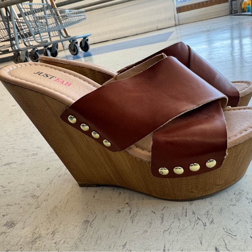 JustFab Brown Wedge Sandals with Silver Accents